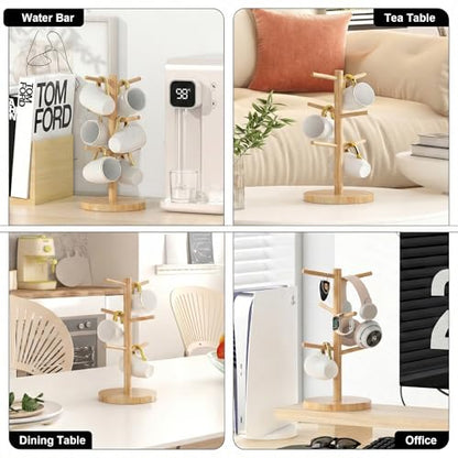 Wisuce Bamboo Coffee Mug Holder Tree, Thicker Base Coffee Cup Holder Stand for Counter, Mug Rack with 6 Hooks (Natural) - color: Natural