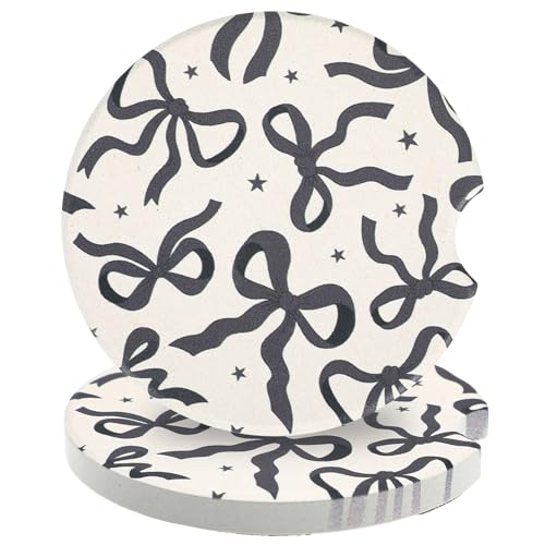 2Pcs Car Coasters for Cup Holders, Black Bow Absorbent Ceramic Car Cup Coaster Universal Anti Slip Cork Base Cup Coasters with Finger Notch Car Interior Accessories for Women