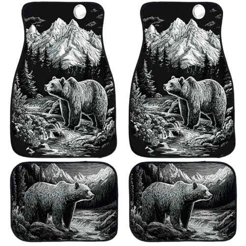 Bear Car Floor Mats Set of 4 Mountain Moon Snow Stream Vintage Carpet Front Rear Carpets Mat Non-Slip Auto Car Accessories Universal Fit Car Accessories for Truck - color: Bear
