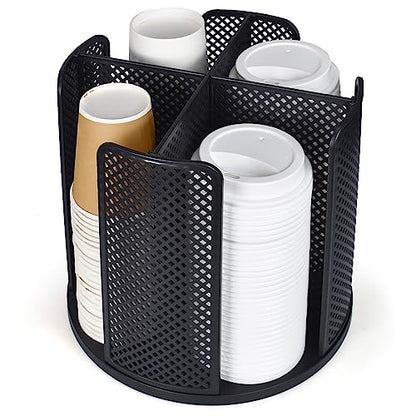 Cup and Lid Organizer, 360° Rotatable Coffee Cup Holder for Disposable Plastic and Paper Cups of 5 to 16 oz, 4 Compartments Detachable Countertop Cup Dispenser Coffee Station, Black - color: Black