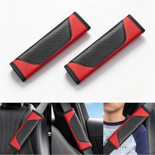 Carbon Fiber PU Leather Seat Belt Covers - 2Pcs, Black and Red Sporty Seat Belt Pads, Universal Fit for Car Truck SUV - color: yd-red