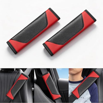 Carbon Fiber PU Leather Seat Belt Covers - 2Pcs, Black and Red Sporty Seat Belt Pads, Universal Fit for Car Truck SUV - color: yd-red
