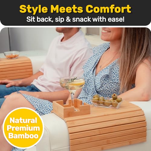 Bamboo Couch Holder - Non-Slip Furniture Protector, Sofa Armrest Table for Mugs & Tumblers – Weighted 16” Large Natural Bamboo Holder for Recliners and Loveseats - color: Natural