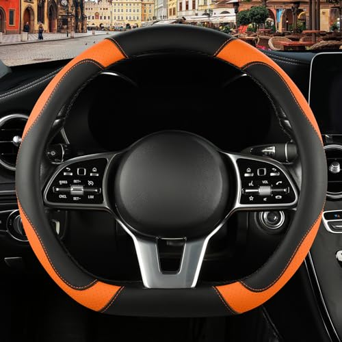 Microfiber Leather D Shaped Steering Wheel Cover, Breathable, Anti Slip, Universal 15 inch, Black with Orange - color: Black Orange, size: D Shape-Middle[14.5''-15'']