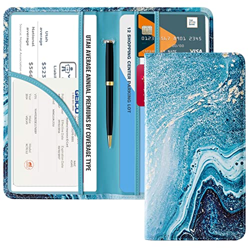 CoBak Car Registration and Insurance Holder - Vehicle Glove Box Car Organizer,Auto Truck Comparment Accessories Case with Magnetic Closure for Driver License,Cards - color: L-Teal&Gold Marble
