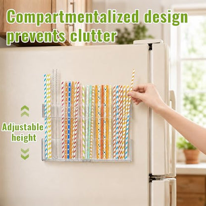 9.5” Large Acrylic Straw Holder for Cabinet Door-Reusable Tumbler Straw Organizer with Ultra Sticky Adhesive Tape ,Plastic Kitchen Accessories Container for Inside Cupboard Door (Transparent)