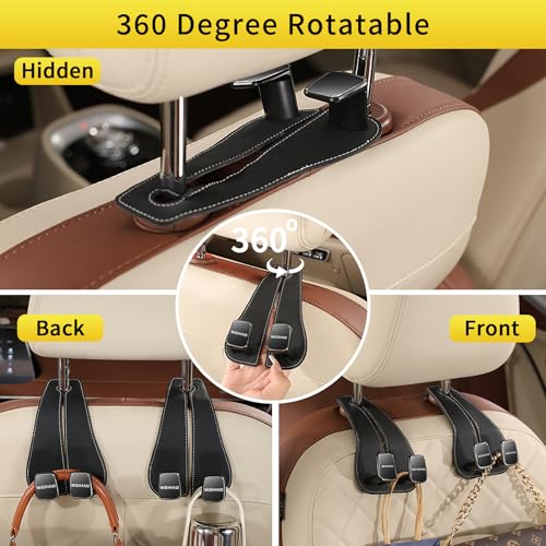 WEIHAO Wide Purse Hook for Car, Twin Hook Leather Car Headrest Hangers, Car Seat Back Storage Hook, Headrest Hooks Purse Bag Holder for Car Universal Fit Sedan Trucks SUVs Most Vehicles (Black-2PCS)