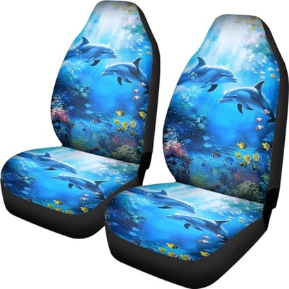 Talayituse Dolphin Fish Coral Print Car Seat Cover Vehicle Bucket Seat Cover 2pcs/Set Auto Front Seat Covers for Most Cars SUV Sedan Comfortable Car Seat Protector