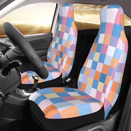 Colorful Retro Checkered Front Seat Covers 2 Pack, Vehicle Seat Protector Car Mat Covers, Fit Most Bucket Seats - color: Colorful Retro Checkered