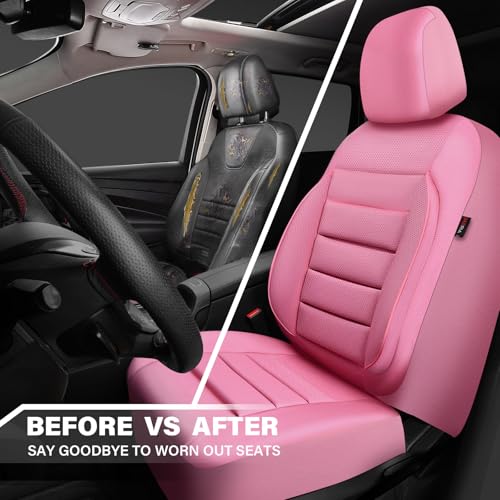 CAR PASS Pink Leather Seat Covers Full Set Universal Water Resistant 3D Foam Back Support, Luxury Comfort Automotive 5 Seat Covers for Women All Season Fit SUV,Sedan,Van, Airbag Compatible Pink - color: All Pink