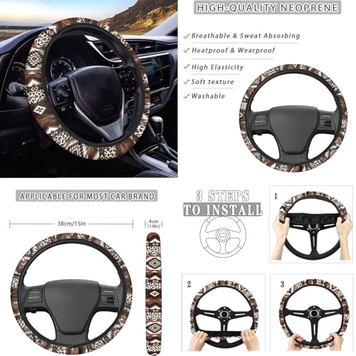 Dreaweet Aztec Leopard Print Car Seat Covers Full Set 12 Pcs - Brown Front and Back Seat Covers with Steering Wheel Cover with Center Console Cover,Coasters,Seatbelt Covers,Gear Shift Handbrake Cover - color: Aztec Leopard Print