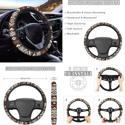 Dreaweet Aztec Leopard Print Car Seat Covers Full Set 12 Pcs - Brown Front and Back Seat Covers with Steering Wheel Cover with Center Console Cover,Coasters,Seatbelt Covers,Gear Shift Handbrake Cover - color: Aztec Leopard Print