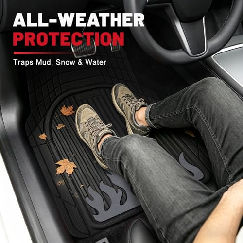 Heavy Duty Rubber Car Mats Flame Design (Graphite Gray), 4-Piece Deep Waterproof Floor Mats Set (Front & Rear Full Set), All Weather Universal Trim to Fit Automotive SUV Sedan Truck - color: Graphite Gray, size: Flame
