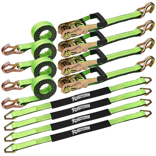4-Pack 10,000lbs Break Strength Ratchet Straps Heavy Duty, 2 Inch x 10 Feet Tie Down Straps with J-Hooks & Clips & 2" x 38"Axle Straps for Car Trailer Truck, UTV, Motorcycle, Cargo & More - Green - color: Green