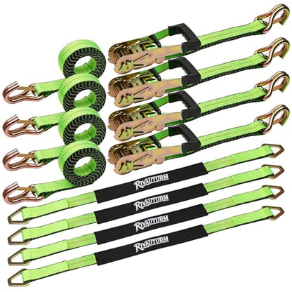 4-Pack 10,000lbs Break Strength Ratchet Straps Heavy Duty, 2 Inch x 10 Feet Tie Down Straps with J-Hooks & Clips & 2" x 38"Axle Straps for Car Trailer Truck, UTV, Motorcycle, Cargo & More - Green - color: Green