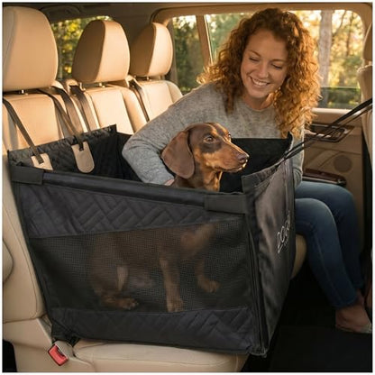 Dog Car Seat Cover with Hard Bottom – Back Seat Extender for Dogs Up to 35 lbs, Waterproof Non-Slip Hammock, Rigid Reinforced Base with Triple Security System, Storage Pockets, fits Cars SUVs Trucks