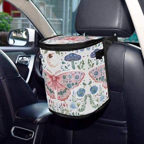 MNSRUU Car Trash Can with Lid, Butterfly Mushroom Flower Car Trash Bag Hanging Organizers and Storage for Front Back Seat, Leak-Proof Trash Bin - color: Butterfly A16801