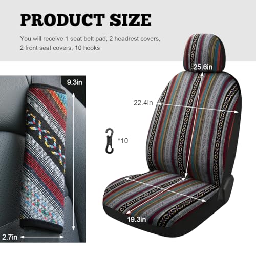 5PCS Baja Saddle Blanket Car Seat Covers, Front Set Breathable Washable Seat Covers with Seatbelt Pad, Striped Woven Cloth Airbag Compatible Seats Protector for Most Vehicles (5pcs) - color: 5pcs