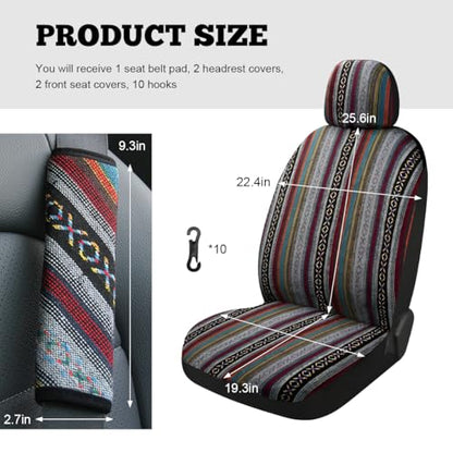 5PCS Baja Saddle Blanket Car Seat Covers, Front Set Breathable Washable Seat Covers with Seatbelt Pad, Striped Woven Cloth Airbag Compatible Seats Protector for Most Vehicles (5pcs) - color: 5pcs