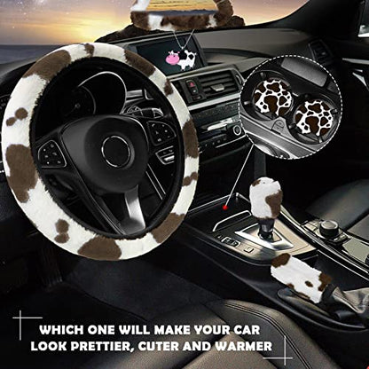 JINGSEN11 Pieces Fluffy Car Accessories Set,Fluffy Cow Print Plush Steering Wheel Covers for Women Soft Fleece Handbrake Cover Shift Cover Car Trim Warm Non-Slip(Brown) - size: brown