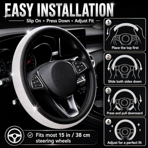 New Diamond+Leather Steering Wheel Cover,Bling Crystal Rhinestones Steering Wheel Cover Universal Fit 15" Car Wheel Protector for Women Girls (Black Leather+White Diamond) - color: black leather+white Diamond
