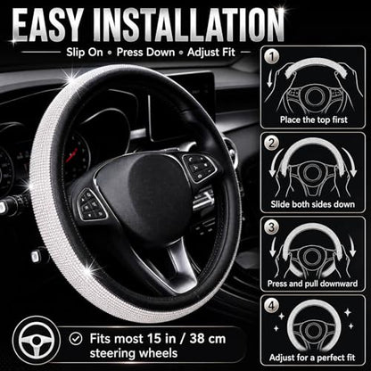 New Diamond+Leather Steering Wheel Cover,Bling Crystal Rhinestones Steering Wheel Cover Universal Fit 15" Car Wheel Protector for Women Girls (Black Leather+White Diamond) - color: black leather+white Diamond