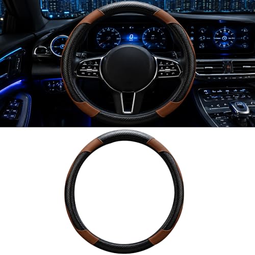 Car Steering Wheel Cover, 15 inch Carbon Fiber Microfiber Anti-Slip Breathable PU Leather Elastic Steering Wheel Protector, Car Interior Accessories for Most Cars (Brown) - color: Brown