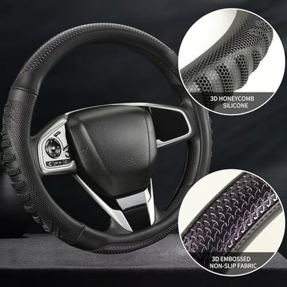 3D Steering Wheel Cover Great Grip with 3D Honeycomb Hole, Anti-Slip Sporty Design, Universal 15 inch(Black with Purple) - color: Black with Purple, size: Round-Middle[14.5''-15'']