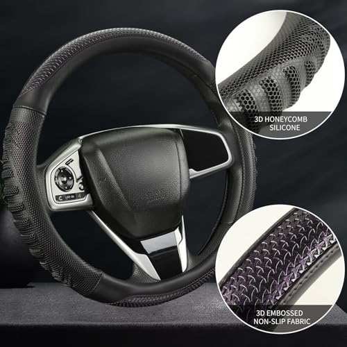 3D Steering Wheel Cover Great Grip with 3D Honeycomb Hole, Anti-Slip Sporty Design, Universal 15 inch(Black with Purple) - color: Black with Purple, size: Round-Middle[14.5''-15'']