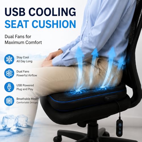 Novabright Cooling Seat Cushion with Fan for Wheelchairs, USB-Powered Fan Cushion, 17"x17", Adjustable Airflow for Long Sitting, Breathable & Comfortable, for Office Chair, Car Seat & Gaming Chair