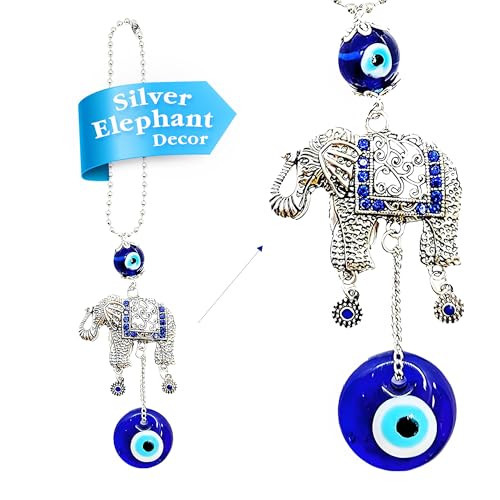 LUCKBOOSTIUM Silver Elephant with Evil Eye Beads in Blue, White & Black Resin w/Rhinestones in Ball Chain–Charm& Protective Car Hanging Ornament for Rear View Mirror, Keychain, Bag& Home/Office Decor - color: White