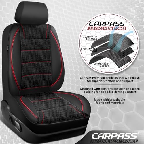 CAR PASS Air Mesh Leather Car Seat Covers Front Seats, Breathable Two Front Seat Covers for Cars, Comfortable Universal Fit for SUV Truck Sedan Automotive, Anti-Slip Airbag Compatible,Black and Red - color: Black Red Mesh