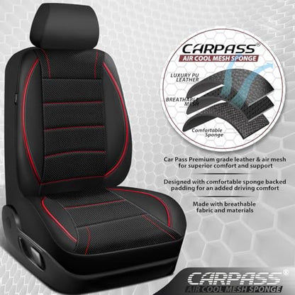 CAR PASS Air Mesh Leather Car Seat Covers Front Seats, Breathable Two Front Seat Covers for Cars, Comfortable Universal Fit for SUV Truck Sedan Automotive, Anti-Slip Airbag Compatible,Black and Red - color: Black Red Mesh