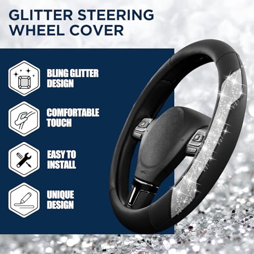 PIC AUTO Steering Wheel Cover, Silver Sparkly Crystal Bling Glitter with Leather, Universal Fit 14.5"-15.5" Car Steering Wheels for Girls & Women, Anti-Slip Wheels Cover for Cars, Trucks, Van, SUVs - color: Silver Glitter