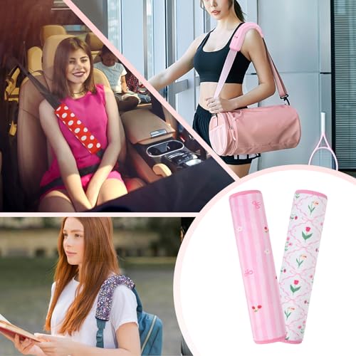 2 Pcs Plush Universal Seat Belt Cover Pad - 2-in-1 Soft Bag Handle Sleeve, Skin-Friendly & Breathable, Machine Washable, Cute Designs for Men Women Kids Car Accessories, Florals