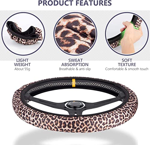 4 Pieces Leopard Cheetah Print Steering Wheel Cover Set with Car Cup Holder & Quarter Keyring, Universal Fit 14-15.5 inches, Leopard Cheetah Print Car Accessories Set - color: Leopard