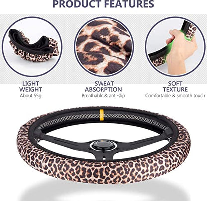 4 Pieces Leopard Cheetah Print Steering Wheel Cover Set with Car Cup Holder & Quarter Keyring, Universal Fit 14-15.5 inches, Leopard Cheetah Print Car Accessories Set - color: Leopard