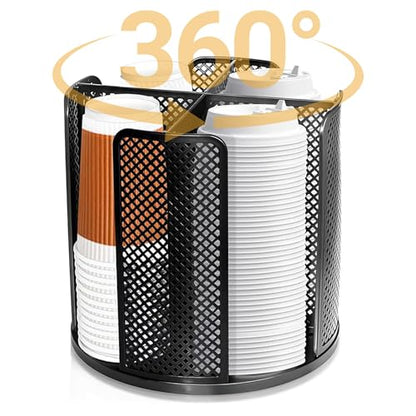 Coffee Cup Dispenser,360°Rotating Paper Cup Dispenser,Cup Holder with 4 Compartments Removable,Cup Dispenser Countertop,Disposable Paper & Plastic Cups,for Restaurant,Coffee Station,Bar,Office - color: Black