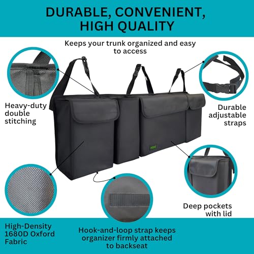 PIDO Hanging Trunk Organizer, Backseat Trunk Organizer for SUV, Hanging Car Storage Bag with Large Pockets for Sedan, Truck, Van, Upgraded Premium 1680D Oxford, Space Saving Car Interior Accessory
