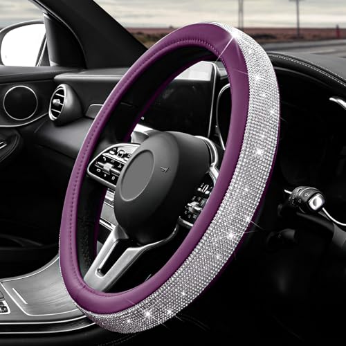 Diamond Leather Steering Wheel Cover, 15 Inch Bling Crystal Rhinestone Anti-Slip Wheel Protector, Universal Sparkling Elegant Diamond Steering Wheels Cover for Women Girl (White&Purple) - color: White&Purple