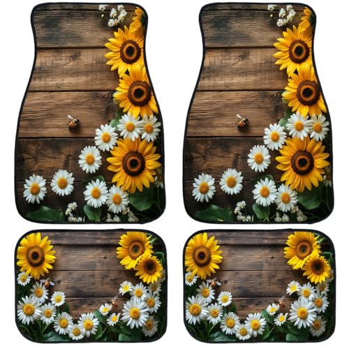 Sunflower Car Floor Mats Set of 4 Vintage Daisy Bee Wood Rustic Automotive Foot Mats Rugs Carpet for Car Non-Slip Auto Car Accessories Universal Fit Car Accessories for Truck - color: Sunflower