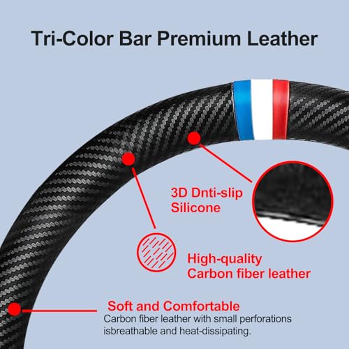 Carbon Fiber Leather Sport Car Steering Wheel Cover Sports Steering Wheel High-Grade Leather Set Stylish Non-Slip Leather car Interior 15 inches for All Car Steering Wheel Cover