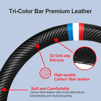 Carbon Fiber Leather Sport Car Steering Wheel Cover Sports Steering Wheel High-Grade Leather Set Stylish Non-Slip Leather car Interior 15 inches for All Car Steering Wheel Cover