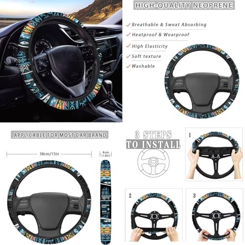 Dreaweet Car Seat Covers Full Set with Steering Wheel Cover Armrest Pad Covers Seat Belt Pads Cup Holders Handbrake Cover Set of 12 Aztec Cactus Car Accessories Interior Universal for SUV Trucks Sedan - color: Aztec Cactus