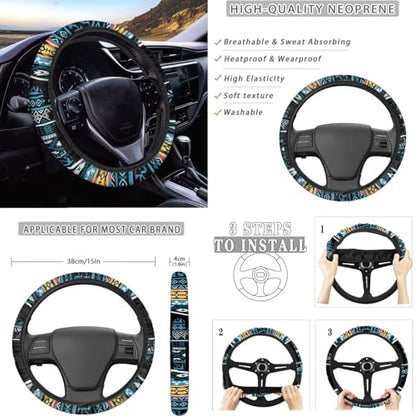 Dreaweet Car Seat Covers Full Set with Steering Wheel Cover Armrest Pad Covers Seat Belt Pads Cup Holders Handbrake Cover Set of 12 Aztec Cactus Car Accessories Interior Universal for SUV Trucks Sedan - color: Aztec Cactus
