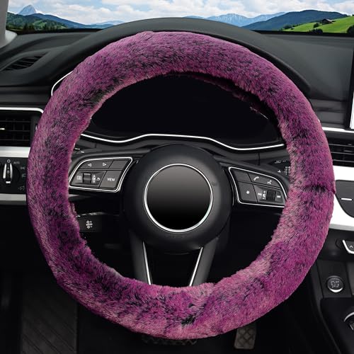 KAFEEK Frost Fluffy Microfiber Plush Steering Wheel Cover for Winter Warm, Universal 15 inch Soft Fuzzy Steering Wheel Cover,Dreamy Purple - color: purple, size: Standard Size[14 1/2''-15'']
