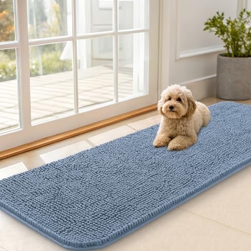 OLANLY Dog Door Mat for Muddy Paws 59x20, Absorbs Moisture and Dirt, Absorbent Non-Slip Washable Doormat, Quick Dry Chenille Mud Mat for Dogs, Entry Indoor Entryway Carpet for Inside Floor, Airy Blue - color: Airy Blue, size: 59" X 20"