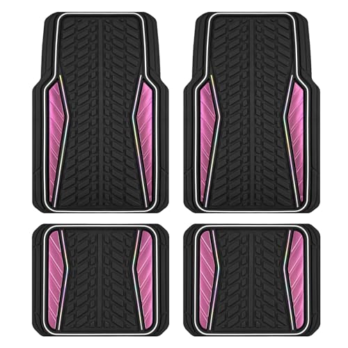PIC AUTO Car Floor Mats, Pink Aluminum-Molded with Full-Circle Iridescent Inlay Strip Car Mats, Universal-Fit Rubber Mats for Cars, Trucks & SUVs, All-Weather, Non-Slip, Easy-to-Clean Interior Mats - color: Pink