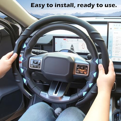Leather Steering Wheel Cover – 14.5-15 in Universal Black, Perforated Breathable Grip, Anti-Slip Sport Ridge Pattern, Odor-Free Car Interior Upgrade for Cars Trucks SUVs