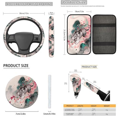 Car Seat Cover Full Sets, Set of 16, Tiger Flower Printed High Back Car Front Rear Seat Covers with Steering Wheel Cover Seatbelt Pads Armrest Pads Gear Shift and Handbrake Covers Coaster - color: White and Pink - Tiger Flower